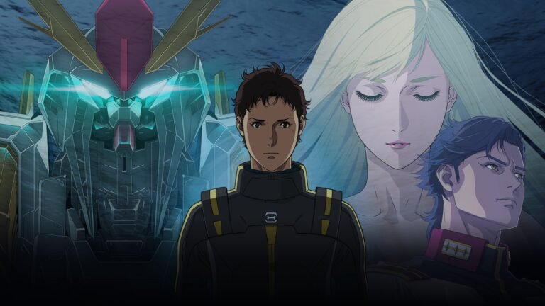 Imagen oficial de Mobile Suit Gundam Hathaway: La hechicera Circe, con Hathaway Noa, Gigi Andalusia, Kenneth Sleg y el Ξ Gundam