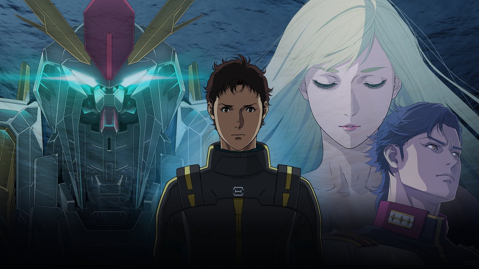 Imagen oficial de Mobile Suit Gundam Hathaway: La hechicera Circe, con Hathaway Noa, Gigi Andalusia, Kenneth Sleg y el Ξ Gundam