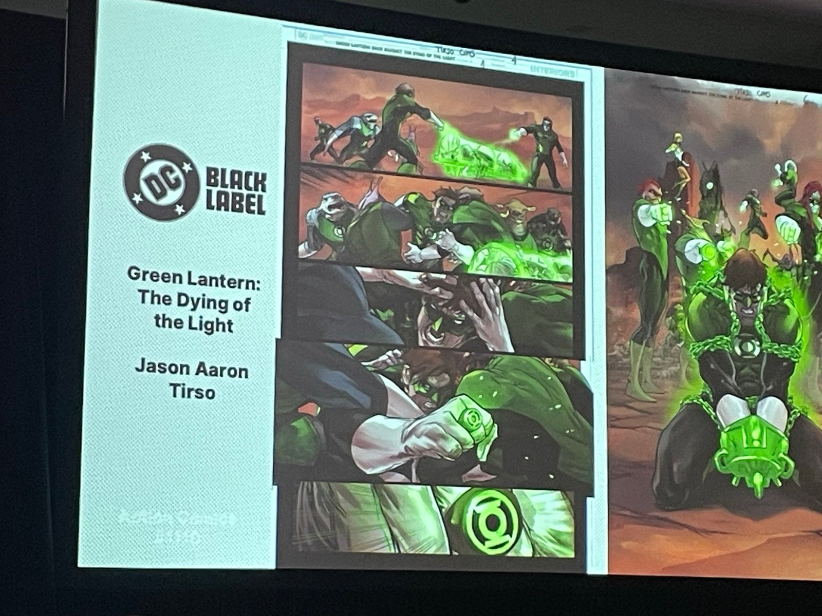 Páginas interiores de Green Lantern The Dying of the Light de Jason Aaron y Tirso mostradas en el panel de DC Black Label