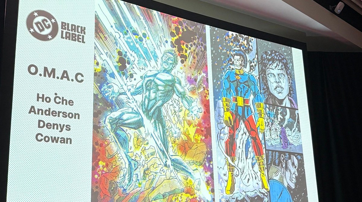 Arte de O.M.A.C. de Ho Che Anderson y Denys Cowan presentado en el panel de DC Black Label